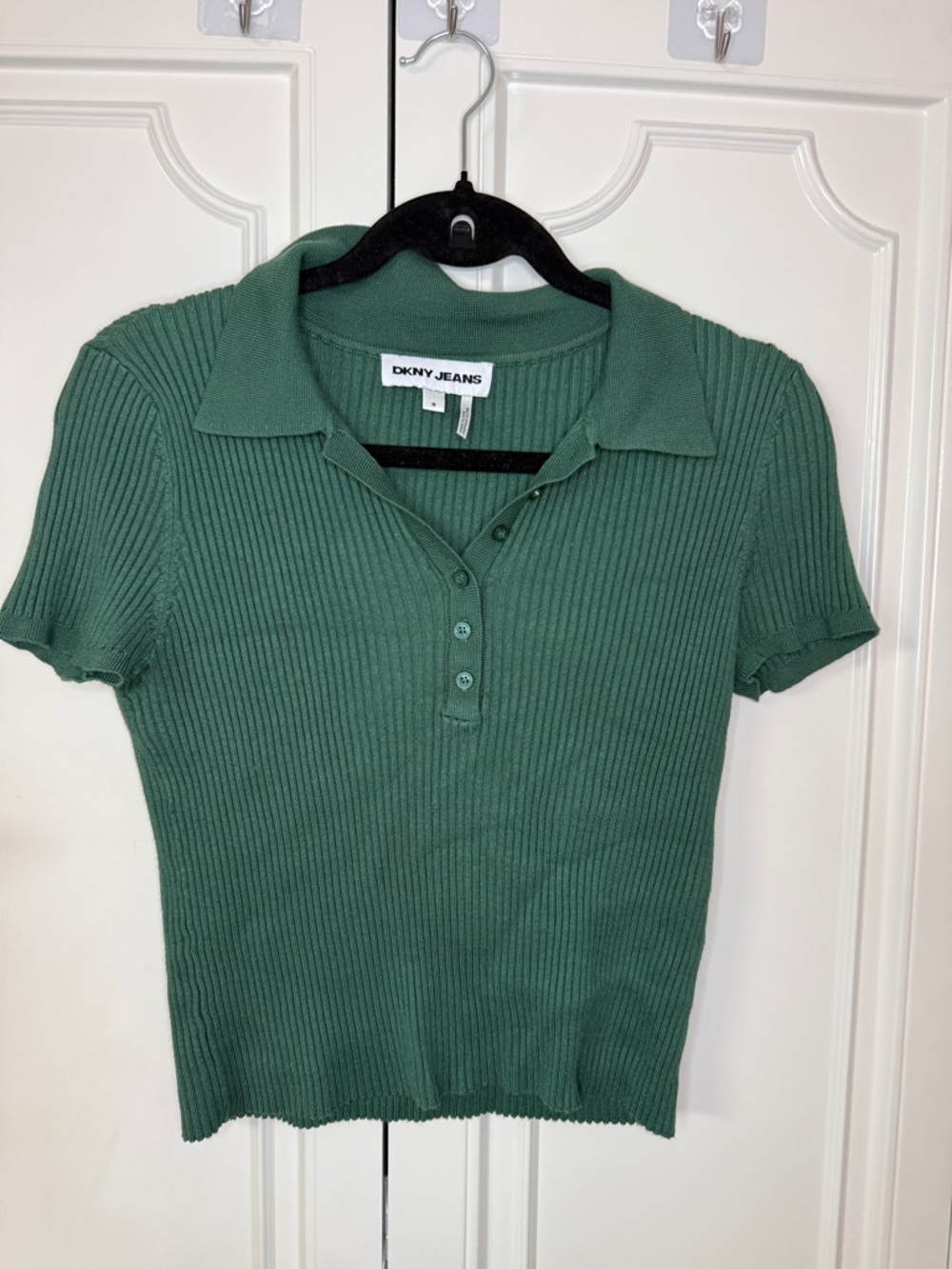 Dkny Ribbed Polo Short-Sleeve Top in Sage Green - Stretchy